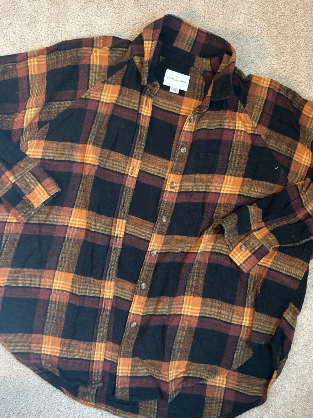 American Eagle Outfitters Black, Rust & Mustard Plaid Button-Down Shirt